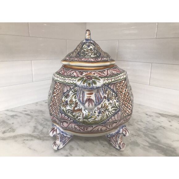X-Large Hand Painted Floral Portugal Heavy Soup Tureen Bowl Signed - Picture 3 of 8
